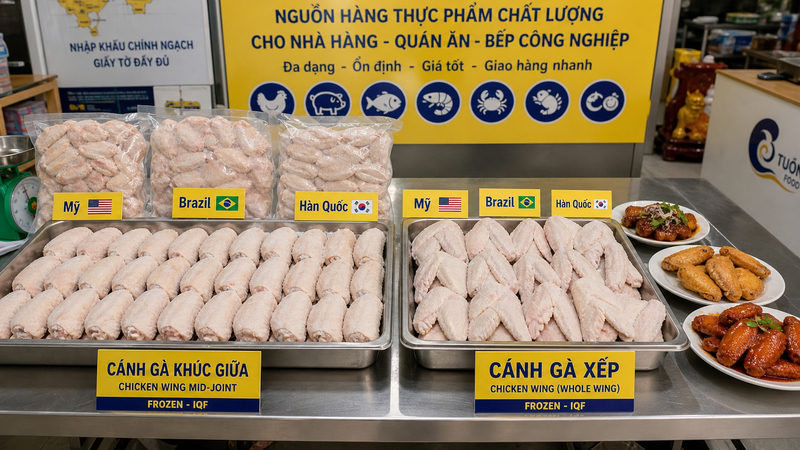 Các dòng cánh gà nhập khẩu: khúc giữa, cánh xếp, Mỹ, Brazil, Hàn Quốc