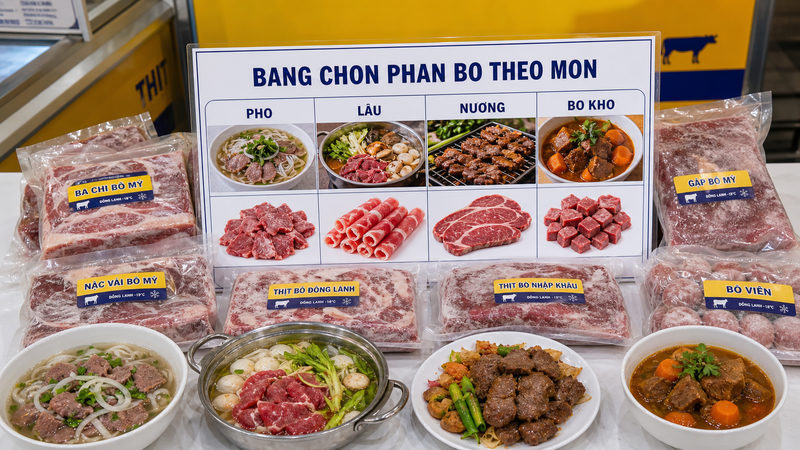 Bảng chọn phần bò theo món: phở, lẩu, nướng, bò kho