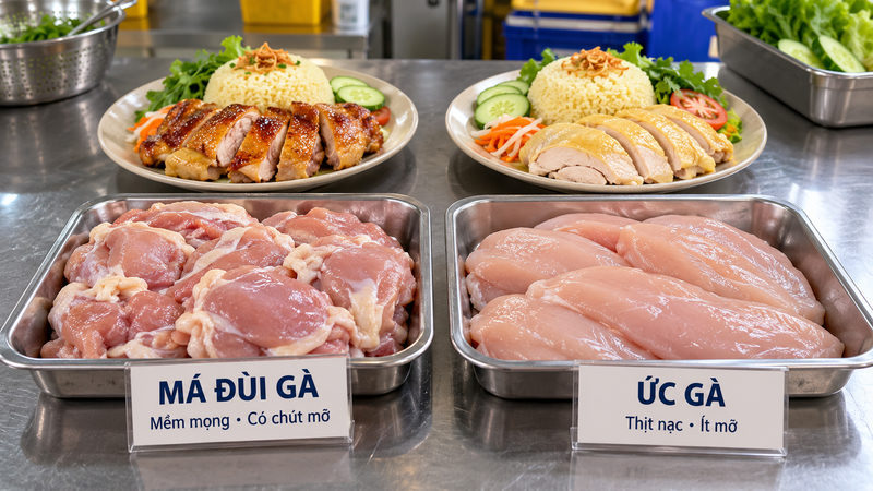 Má đùi gà khác gì ức gà khi bán cơm gà?