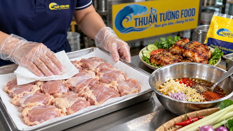Rã đông và sơ chế má đùi gà đông lạnh trước khi ướp