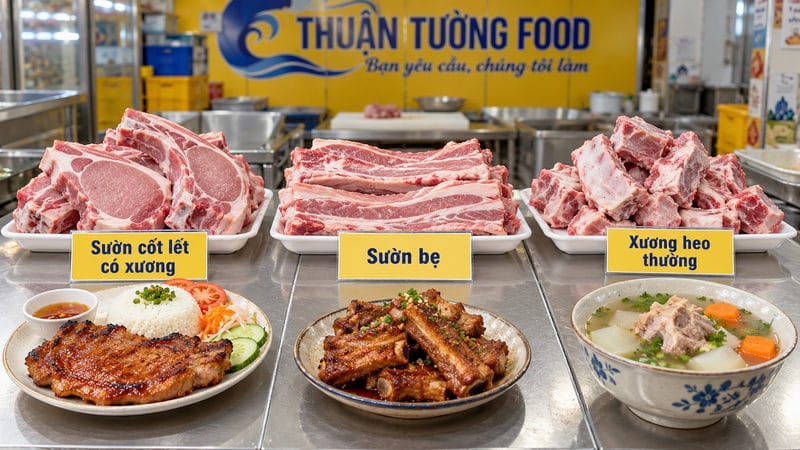 So sánh sườn cốt lết có xương, sườn bẹ và xương heo thường
